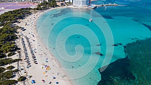 Colonia Sant Jordi, Mallorca Spain. Amazing drone aerial landscape of the charming Estanys beach. Caribbean colors