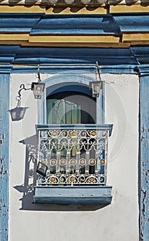 Colonial balcony on church facade in Diamantina, Brazil