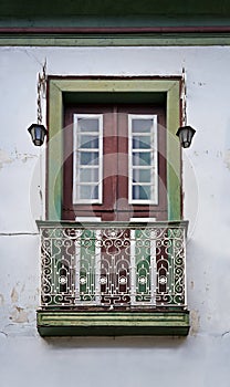 Colonial balcony on facade in historical city of Diamantina, Brazil
