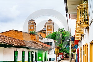 Colonial center and church in the center of Jerico, Colombia