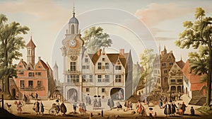 Colonial Elegance: 18th Century New England Townhall Illustration