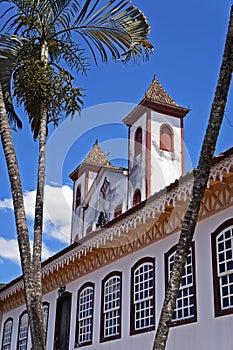 Colonial facade and towers church on the background, Serro, Brazil