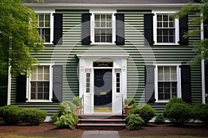 colonial home with forest green shutters and similar front door