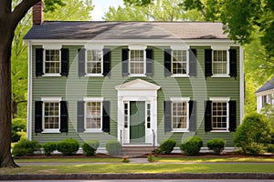 colonial home with forest green shutters and similar front door