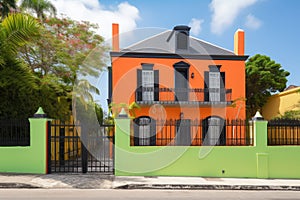 colonial house, with its exterior walls painted in vibrant colors and a black metal fence