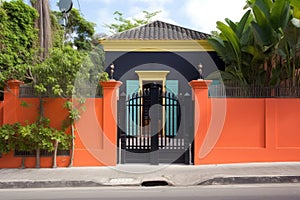 colonial house, with its exterior walls painted in vibrant colors and a black metal fence