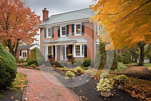 colonial house nestled in fall colors, with brick path