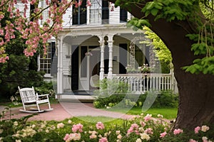 colonial house with porch swing and lantern, surrounded by blooming flowers