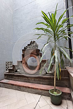 Colonial Macau Tung Sin Tong Charitable Society Macao Art Deco Architecture Colorful Chinese Calligraphy Poem Panel Sculpture