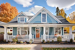 colonial revival blue exterior with contrasting white dormer windows