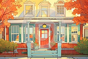 colonial revival houses red door and fanlight at sunset, magazine style illustration