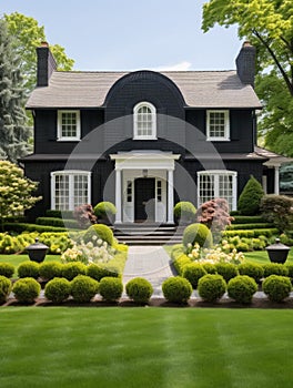 Colonial style brick family house exterior with black roof tiles. Beautiful front yard with lawn and flower bed
