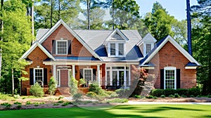 Colonial style red brick family house exterior with black roof tiles. Beautiful front yard with lawn and pruned shrubs. Created