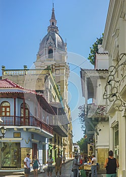 Colonial Style Street at Historic Center in Cartagena de Indias