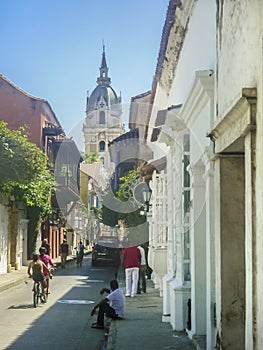 Colonial Style Street at Historic Center in Cartagena de Indias