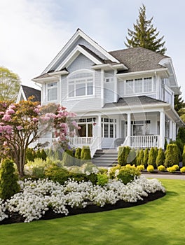 Colonial style white wooden cladding family house exterior. Beautiful front yard landscaping design