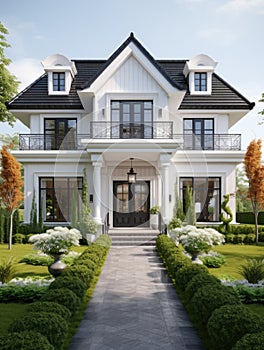Colonial style white wooden cladding family house exterior. Beautiful front yard landscaping design