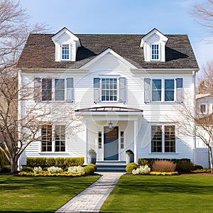 Colonial style white wooden cladding family house exterior. Beautiful front yard landscaping design with lawn and flower bed.