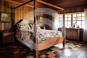 a colonial-style wooden four-poster bed with a patchwork quilt and vintage bedside table