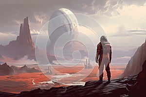 colonist, exploring the red planet& x27;s barren landscape, with distant views of futuristic city in the background