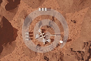Colonization of Mars, Martian surface and human base, building a colony on Mars, top view. Conquering new horizons in space,