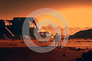 Colonization of planet Mars, resource extraction, scientific research base. Red planet, astronaut cosmonaut is engaged in research