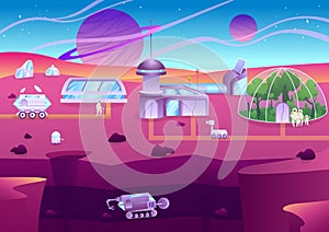 Colonization of planet, people explore new planet, space shuttles, sience stations vector illustration. Futuristic
