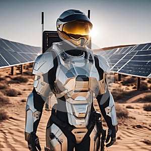 Colonizer of the future in a spacesuit stands on Mars surrounded by solar panels