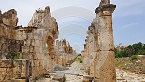 Colonnade and aqueduct. Roman archaeological remains in Tyre. Tyre is an ancient Phoenician city. Tyre, Lebanon