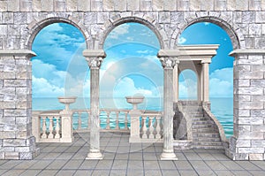 Colonnade with balustrade and portico, arches and stucco with sea view -  illustration 3D rendering