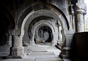 Colonnade inside medieval christian church of Sanahin Monastery