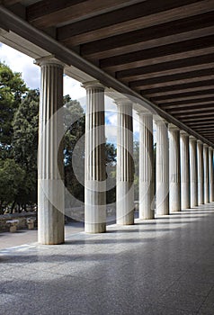 The colonnade of Stoa of Attalos historic monument in Athens, Greece