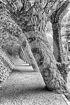 Colonnaded pathway in Park Guell, Barcelona, Catalonia, Spain