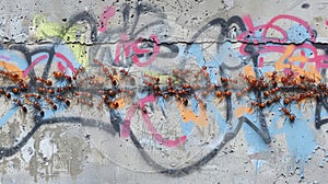 A colony of ants scurrying across a concrete wall adorned with graffiti tags creating a unique juxtaposition of urban