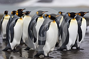 A colony of emperor penguins walking in a row in nature. Generative AI