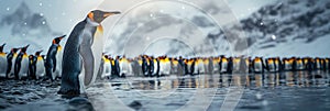 colony of emperor penguins in winter on snow. Landscape panorama of nature