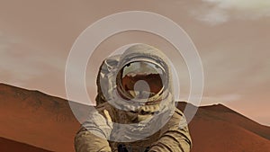 Colony on Mars. Astronaut sitting on Mars and admiring the scenery. Exploring Mission To Mars. Futuristic Colonization