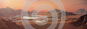 Colony on Mars, first martian city in desert landscape on the red planet 3d space illustration banner