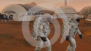 Colony on mars. Two astronauts walking on the surface of mars. Exploring mission to mars. Futuristic colonization and space explor