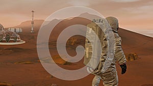 Colony on mars. Two astronauts walking on the surface of mars. Exploring mission to mars. Futuristic colonization and space explor