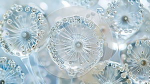 A colony of transparent glasslike diatoms with their intricate glasslike shapes and structures suspended in a drop of