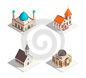 Color 3d Mosque, Catholic Church, Protestant Church and Synagogue Concept Isometric View. Vector