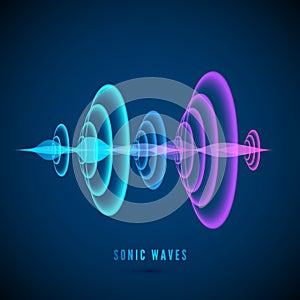 Color abstract digital sound wave. Sine wave on dark background. Radial sonar waves. Vector illustration