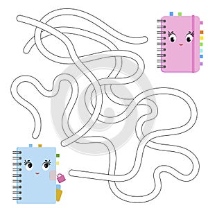 Color abstract maze. Help the blue notebook get to the pink notebook. Kids worksheets. Activity page. Game puzzle for children.