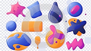 Color abstract shapes isolated on transparent background. Modern illustration of glossy blobs, paint splashes, and fluid