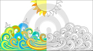 Color activity page waves and boats