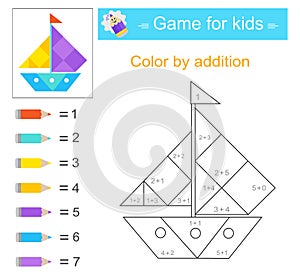Color by addition. Developing numeracy skills. Math activity for children. Number range up to 10