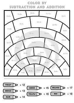 Color by addition and subtraction, education game for kids, Rainbow