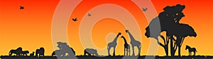 Color African Safari animal - lion, zebra, hippo, giraffe silhouettes landscape background illustration vector, panorama