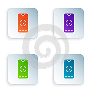 Color Alarm clock app smartphone interface icon isolated on white background. Set colorful icons in square buttons